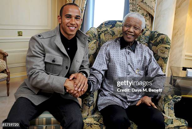 Lewis Hamilton meets with Nelson Mandela ahead of the 46664 concert being held in Hyde Park on Friday the 27th of June, at the Dorchester Hotel on...