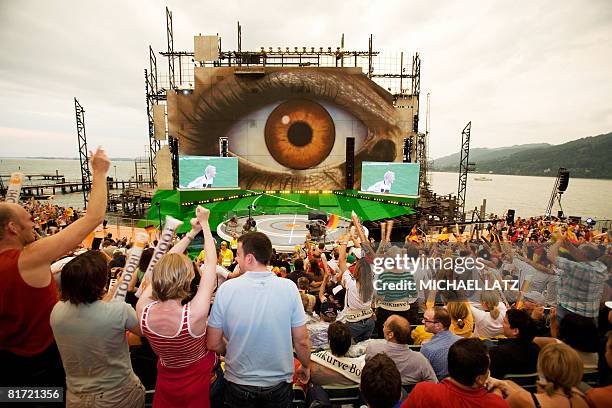 Supporters of the German team cheer as they watch football at the "Seebuehne" on the Lake Constance in Bregenz, Austria, during the Euro 2008...