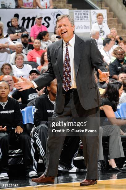 Head coach Dan Hughes of the San Antonio Silver Stars reacts during the WNBA game against the Seattle Storm on June 13, 2008 at the AT&T Center in...