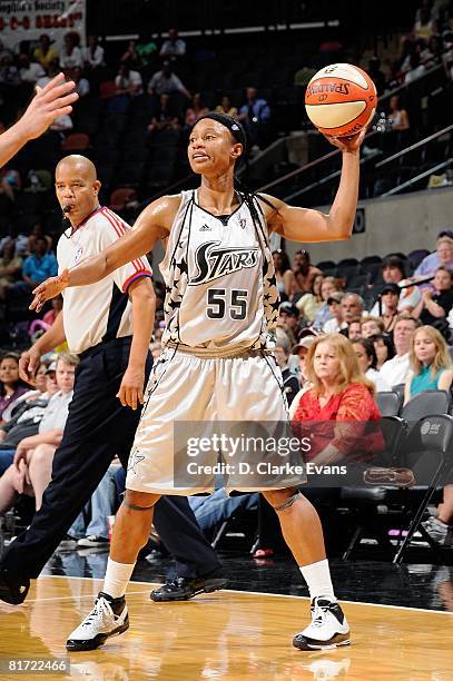 Vickie Johnson of the San Antonio Silver Stars looks to pass the ball against the Seattle Storm during the WNBA game on June 13, 2008 at the AT&T...