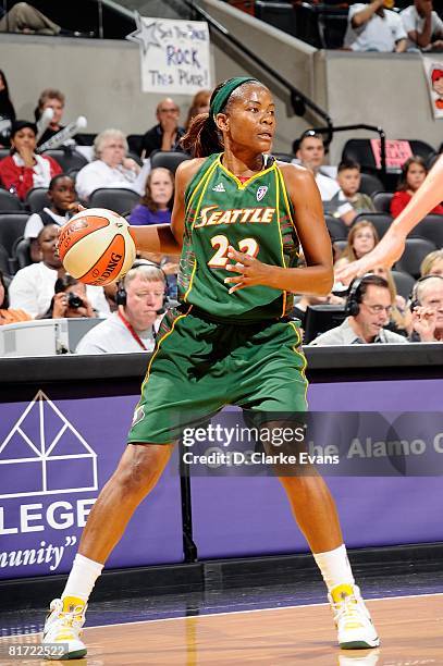 Sheryl Swoopes of the Seattle Storm surveys the floor against the San Antonio Silver Stars during the WNBA game on June 13, 2008 at the AT&T Center...