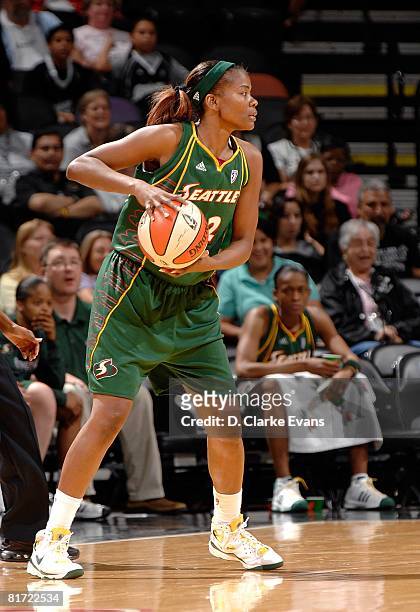 Sheryl Swoopes of the Seattle Storm looks to pass the ball against the San Antonio Silver Stars during the WNBA game on June 13, 2008 at the AT&T...