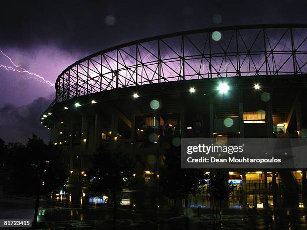 General view of the ground showing a lightning bolt during the UEFA EURO 2008 Semi Final match between Russia and Spain at Ernst Happel Stadion on...