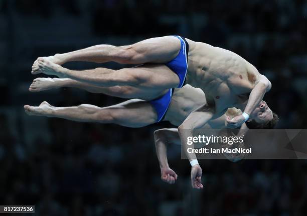 Patrick Hausding and Sascha Klien of Germany compete in the Men's 10m Synchro Platform final, during day four of The FINA World Championships on July...