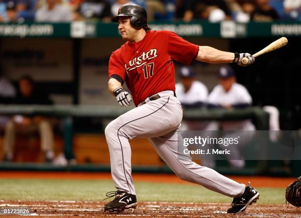 First baseman Lance Berkman of the Houston Astros fouls off a pitch against the Tampa Bay Rays during the game on June 22, 2008 at Tropicana Field in...