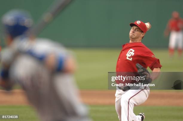 Garrett Mock of the Washington Nationals pitches during a baseball game against the Texas Rangers on June 21, 2008 at Nationals Park in Washington...