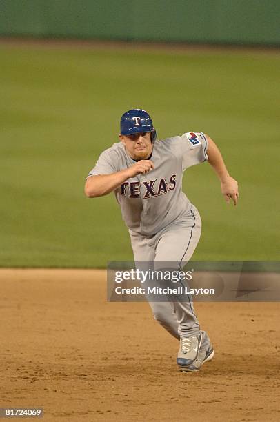 Chris Shelton of the Texas Rangers runs to third base during a baseball game against the Washington Nationals on June 21, 2008 at Nationals Park in...