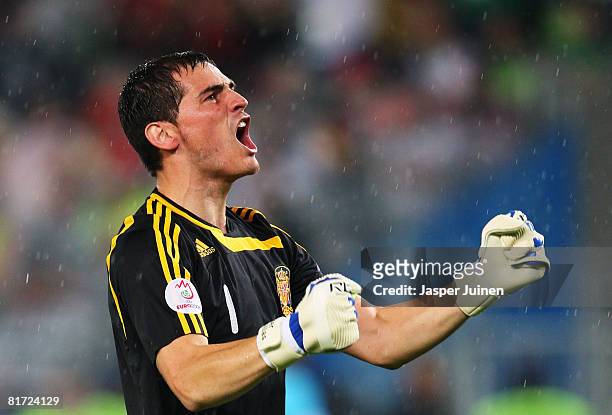 Goalkeeper Iker Casillas of Spain celebrates after Spain scored the third goal during the UEFA EURO 2008 Semi Final match between Russia and Spain at...