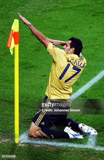 Daniel Guiza of Spain celebrates scoring Spain's second goal during the UEFA EURO 2008 Semi Final match between Russia and Spain at Ernst Happel...