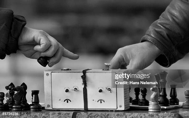 two people playing chess (b&w) - chess timer stock pictures, royalty-free photos & images