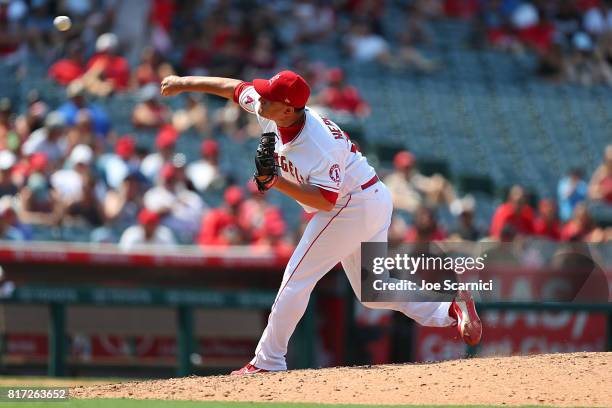 David Hernandez of the Los Angeles Angels pitches in the eighth inning against the Tampa Bay Rays at Angel Stadium of Anaheim on July 16, 2017 in...