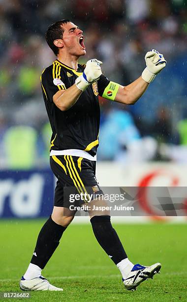 Goalkeeper Iker Casillas of Spain celebrates after Spain scored the third goal during the UEFA EURO 2008 Semi Final match between Russia and Spain at...