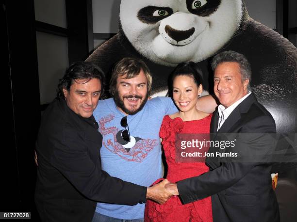 Ian McShane, Jack Black, Lucy Liu and Dustin Hoffman attend the Kung Fu Panda UK Premiere at the Vue Cinema in Leicester Square on June 26, 2008 in...