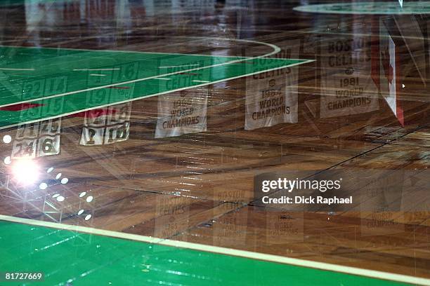 Close up of the Parquet floor circa 1990 at the Boston Garden in Boston, Massachusetts. NOTE TO USER: User expressly acknowledges and agrees that, by...