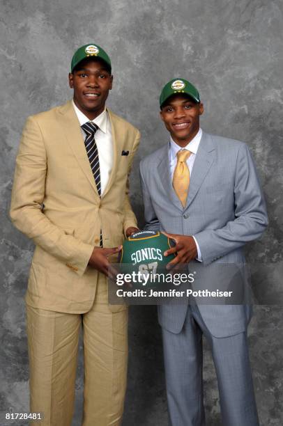 Russell Westbrook and Kevin Durant of the Seattle superSonics pose for a portrait back stage during the 2008 NBA Draft on June 26, 2008 at the WaMu...