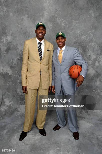 Russell Westbrook poses for a portrait backstage with Kevin Durant of the Seattle SuperSonics after being selected number four overall during the...