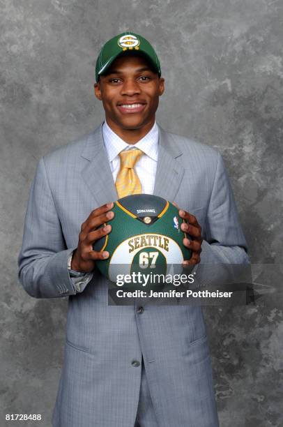 Russell Westbrook selected number four overall by the Seattle SuperSonics poses for a portrait backstage during the 2008 NBA Draft on June 26, 2008...