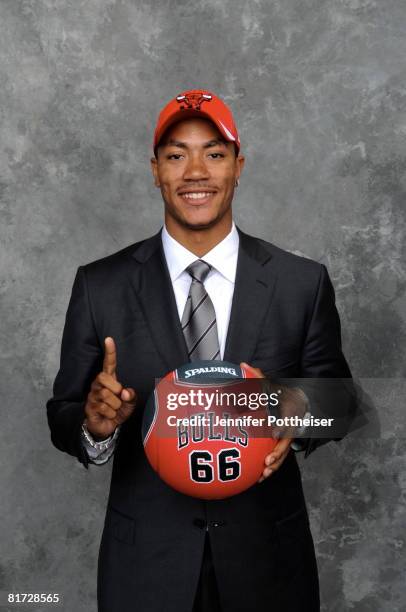Derrick Rose selected number one overall by the Chicago Bulls poses for a portrait back stage during the 2008 NBA Draft on June 26, 2008 at the WaMu...