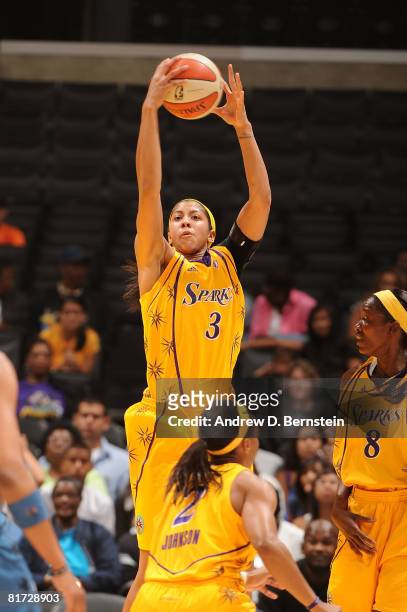 Candace Parker of the Los Angeles Sparks gets a rebound during the game against the Washington Mystics on June 26, 2008 at Staples Center in Los...