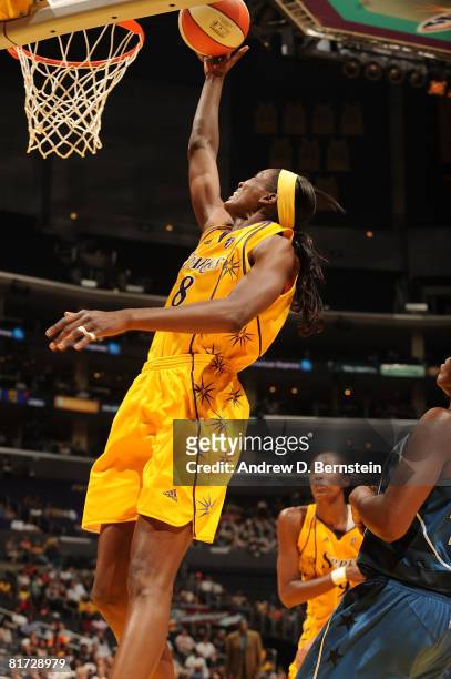 DeLisha Milton-Jones of the Los Angeles Sparks goes for a layup during the game against the Washington Mystics on June 26, 2008 at Staples Center in...