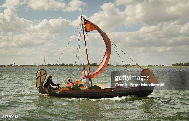 Replica Norman invasion boat the 'Lille Draken' sails on Queen Mary's reservoir on June 25, 2008 in London, England. Furniture maker David Jones'...