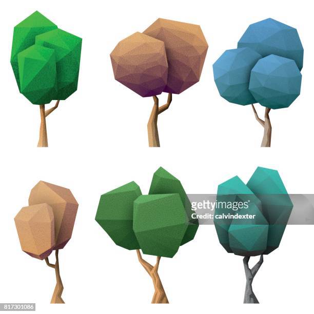 low-poly-bäume-sammlung - blue tree 3d stock-grafiken, -clipart, -cartoons und -symbole
