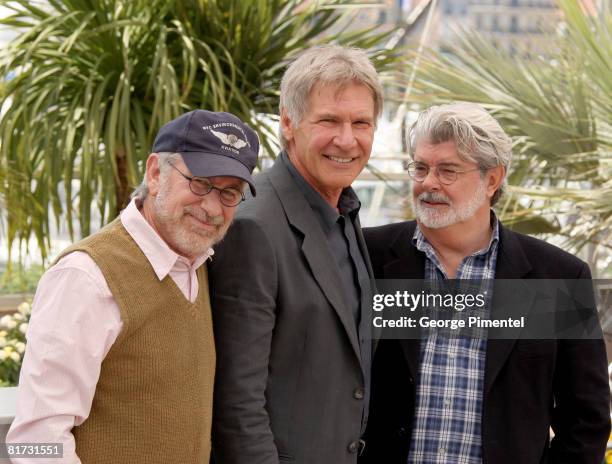 Director Steven Spielberg, actor Harrison Ford and writer George Lucas attend the Indiana Jones and the Kingdom of the Crystal Skull photocall at the...