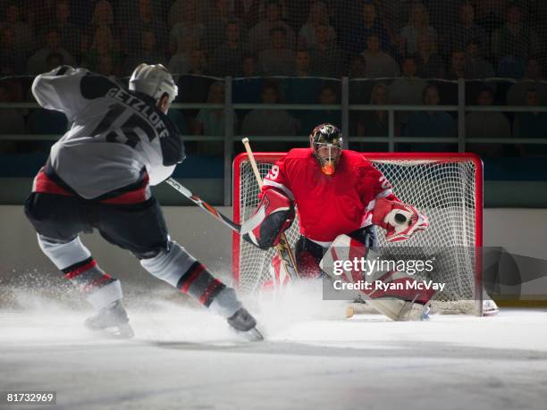 ice hockey goalkeeper blocking a shot - hockey rink fotografías e imágenes de stock