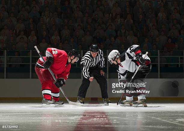 ice hockey players facing off - hockey su ghiaccio foto e immagini stock