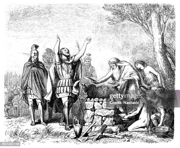 pausanias sacrifices to the gods before the battle of plataea - greek people stock illustrations