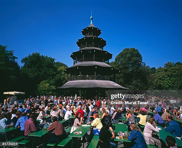 people eating and drinking beer around the chinese tower in the english garden.  munich, germany - chinesischer turm stock-fotos und bilder