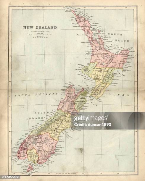 ilustraciones, imágenes clip art, dibujos animados e iconos de stock de mapa antiguo de nueva zelanda en el siglo xix, 1873 - nueva zelanda