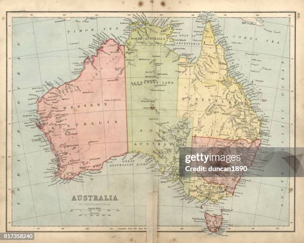 ilustraciones, imágenes clip art, dibujos animados e iconos de stock de antiguo mapa dañado de australia en el siglo xix, 1873 - australia meridional