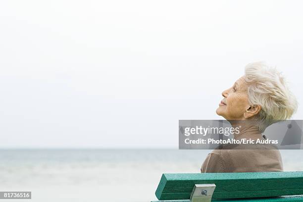 senior mujer sentada cerca de la vista, vista al mar - de espalda fotografías e imágenes de stock