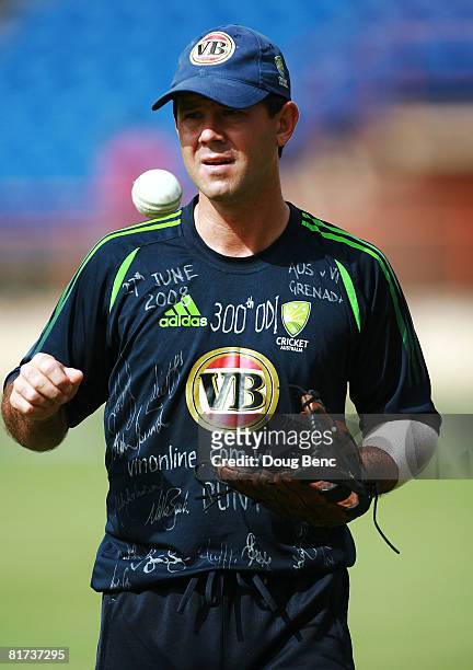 Ricky Ponting of Australia after having his shirt signed by his team, warms-up prior to the One-Day International game two match between Australia...