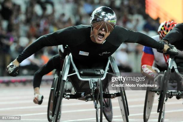 Marcel Hug of Switzerland celebrates winning the gold medal in the Men’s 1500m T54 during the IPC World ParaAthletics Championships 201 at London...