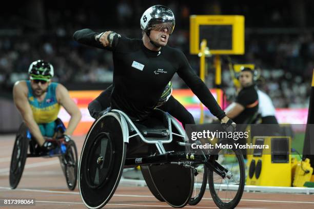 Marcel Hug of Switzerland celebrates winning the gold medal in the Men’s 1500m T54 during the IPC World ParaAthletics Championships 201 at London...