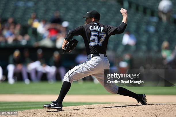 Shawn Camp of the Toronto Blue Jays pitches during the game against the Oakland Athletics at the McAfee Coliseum in Oakland, California on May 29,...