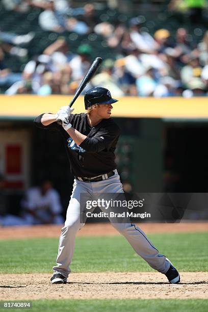 Curtis Thigpen of the Toronto Blue Jays bats during the game against the Oakland Athletics at the McAfee Coliseum in Oakland, California on May 29,...