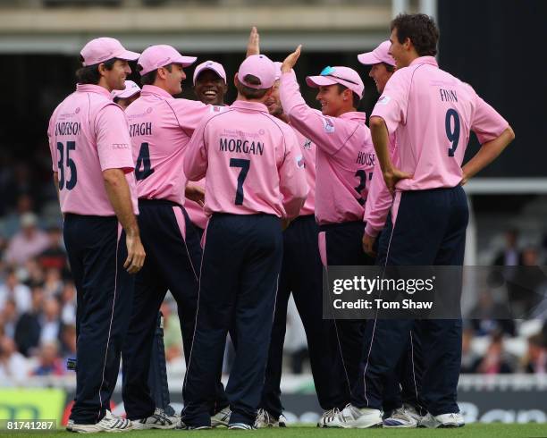 Dan Housego of Middlesex is congratulated after running out Chris Murtagh of Surrey during the Twenty20 Cup match between Surrey and Middlesex at the...