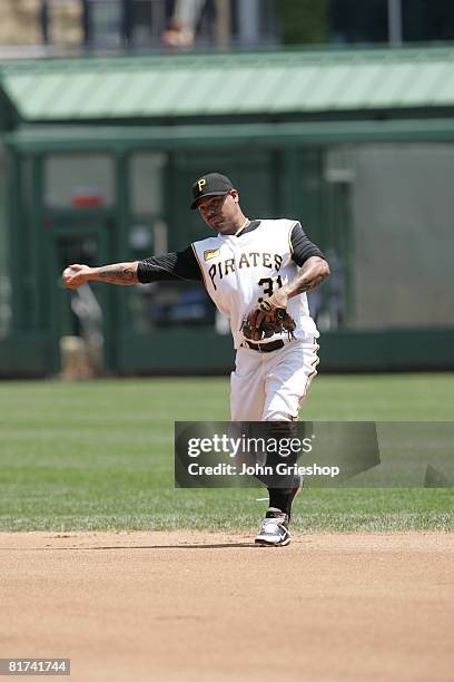 Luis Rivas of the Pittsburgh Pirates throws to first base during the game against the Arizona Diamondbacks at PNC Park in Pittsburgh, Pennsylvania on...