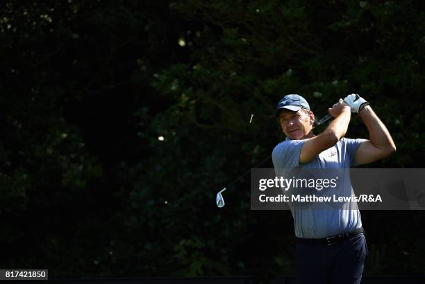 Nick Faldo of England tees off during a practice round prior to the 146th Open Championship at Royal Birkdale on July 18, 2017 in Southport, England.