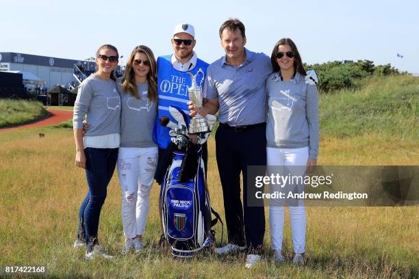 Natalie Faldo, Emma Faldo, Matthew Faldo, Sir Nick Faldo holding the Claret jug and Georgia Faldo celebrate Sir Nick Faldo's Birthday during a...