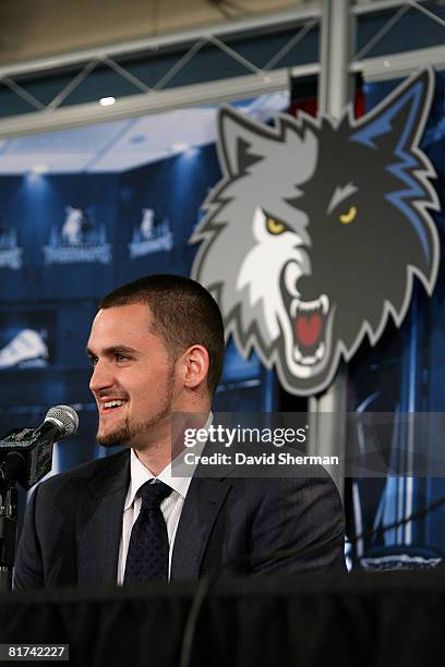 Minnesota Timberwolves 2008 First Round draft pick Kevin Love is introduced to the media on June 27, 2008 at the Target Center in Minneapolis,...