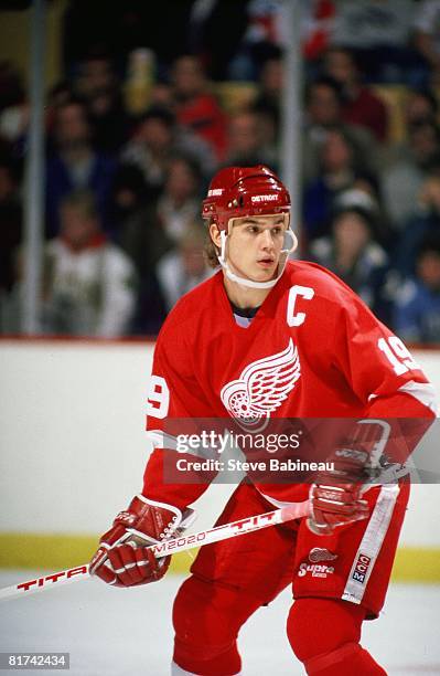 Steve Yzerman of the Detroit Red Wings skates in game against the Boston Bruins at the Boston Garden in Boston .