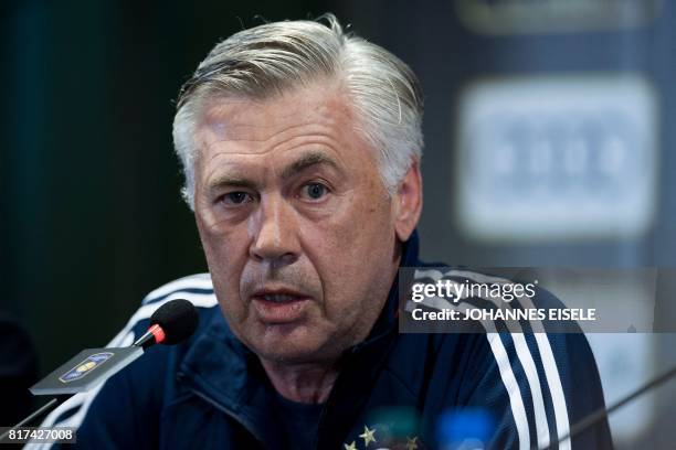 Bayern Munich's manager Carlo Ancelotti speaks during a press conference ahead of the International Champions Cup football match between Bayern...