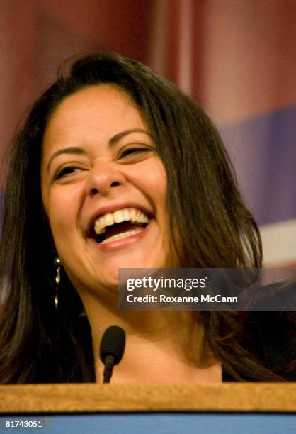 Maya Soetoro-Ng, half-sister of Barack Obama, and Hawai'i resident, reacts to the cheers of the crowd in support of Barack Obama as Democratic...