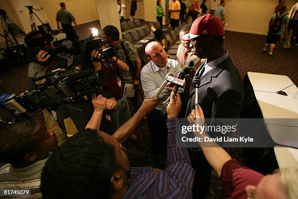 Recently aquired first round draftee J.J. Hickson of the Cleveland Cavaliers answers questions for the television media at The Quicken Loans Arena on...