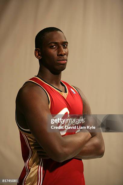 Recently aquired first round draftee J.J. Hickson of the Cleveland Cavaliers poses in his new jersey at The Quicken Loans Arena on June 27, 2008 in...