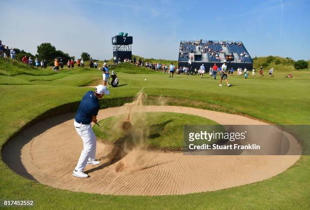 Bernd Wiesberger of Austria hits a bunker shot on the 7th hole during a practice round prior to the 146th Open Championship at Royal Birkdale on July...